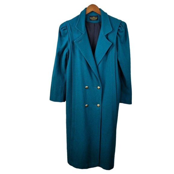 Vintage Long Coat size 6/8 Wool Trench Coat Winter duster Teal Double Breasted - Picture 1 of 10